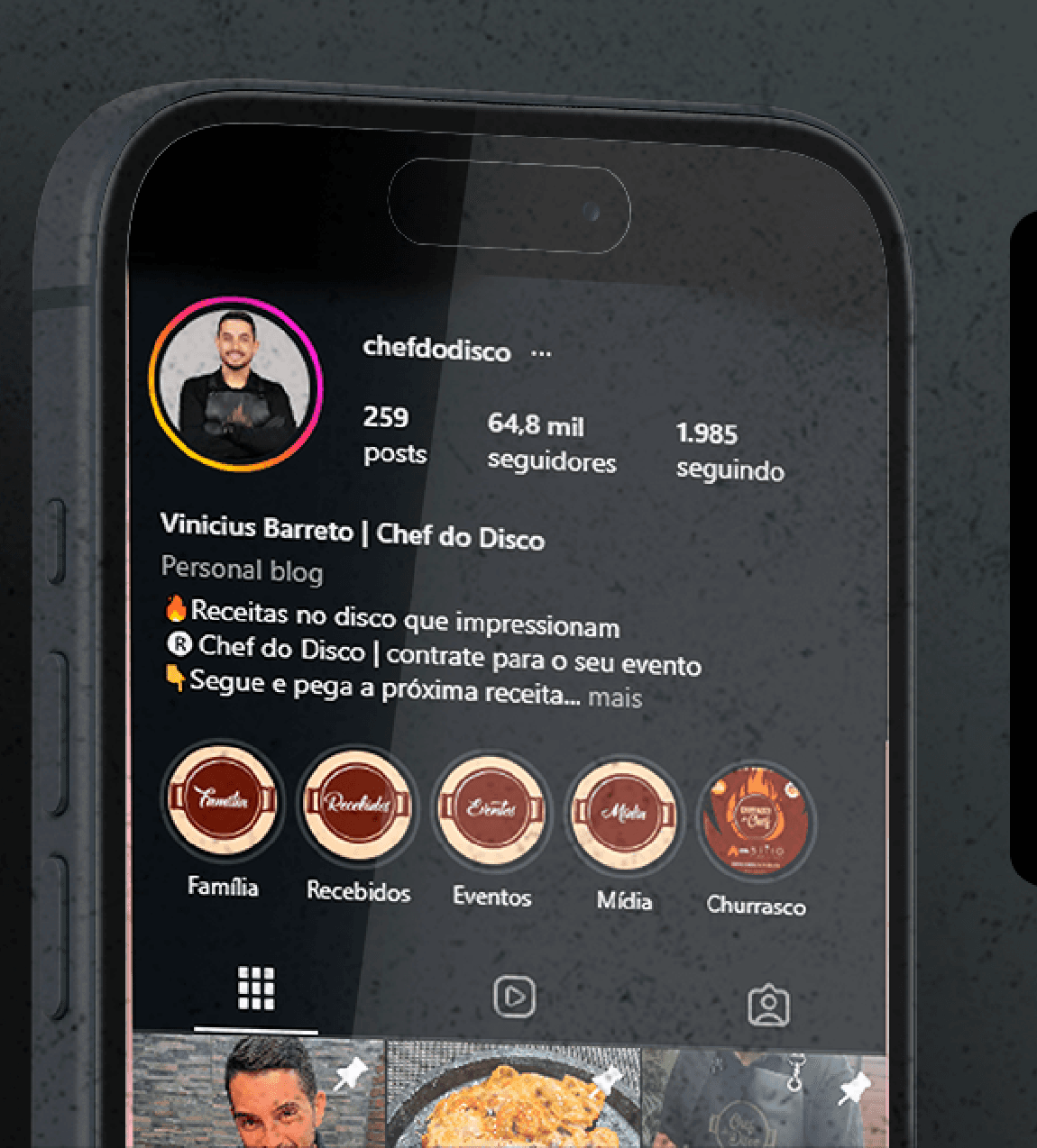 Perfil @chefdodisco no Instagram, com mais de 70 mil seguidores